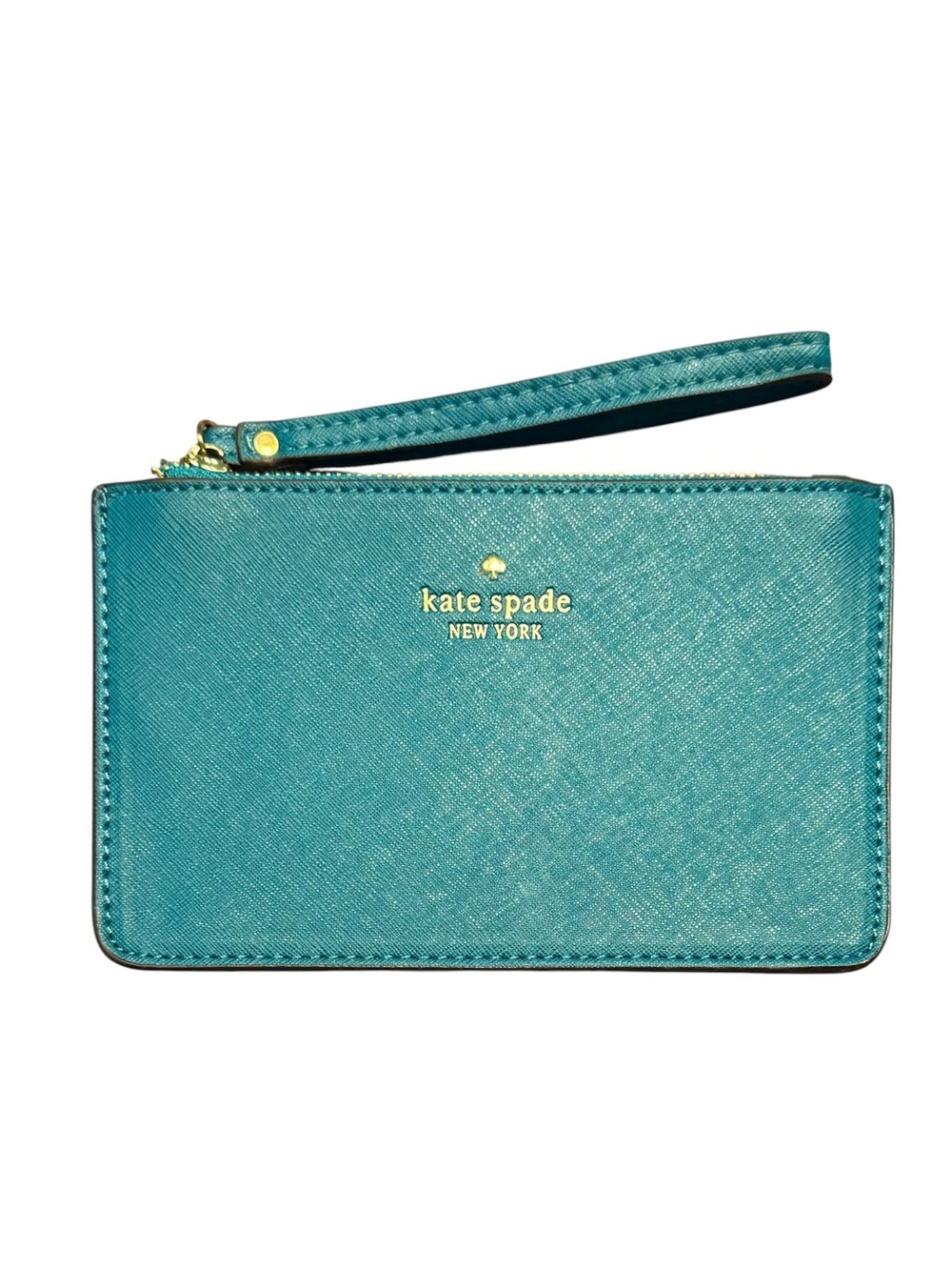 kate spade teal wristlet clutch with gold logo